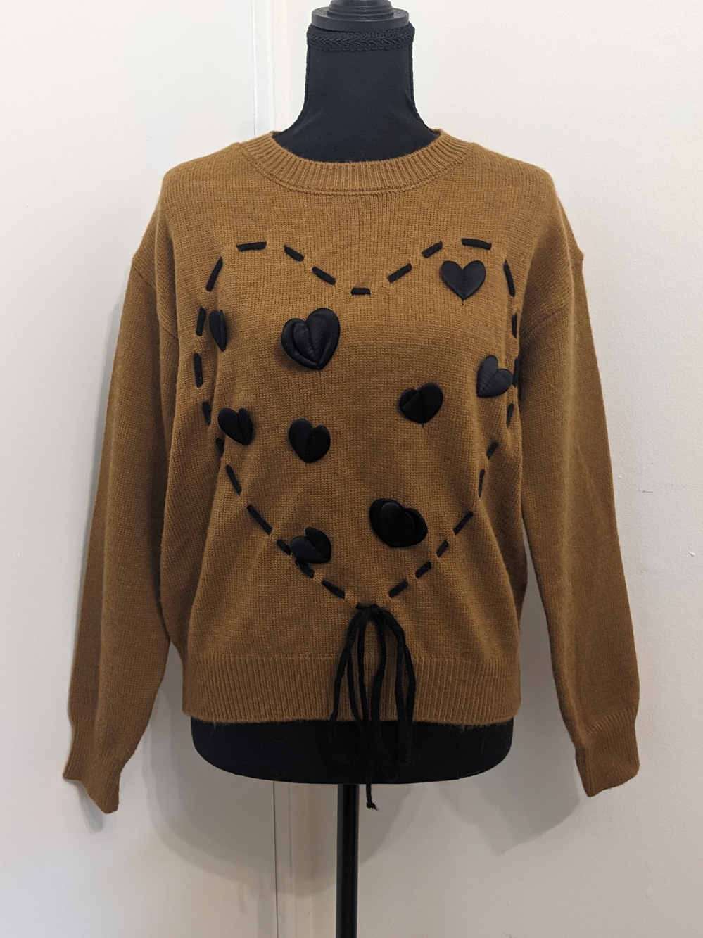 3D Heart Appliqué Crewneck Sweater in Brown | Women's Size Medium